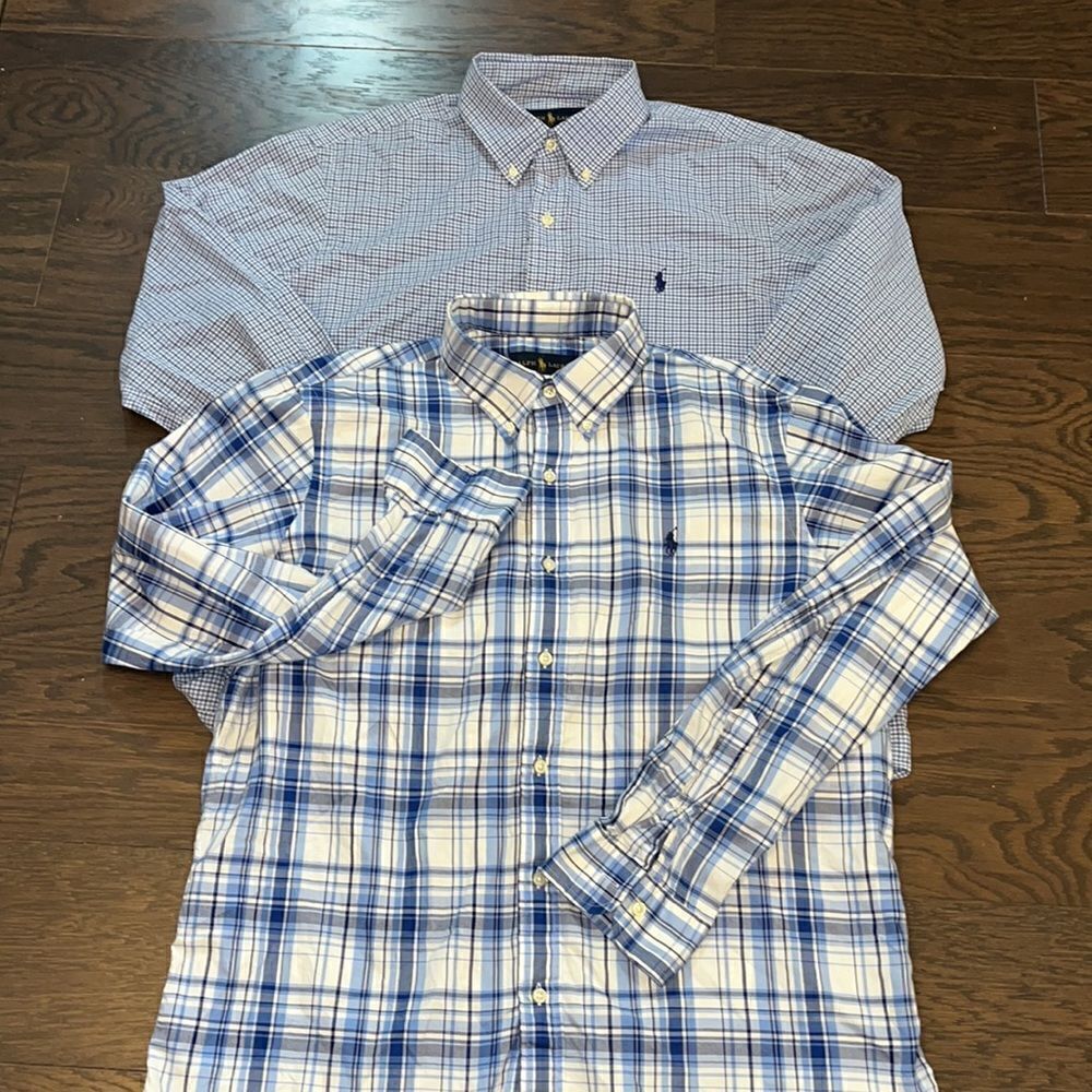 2-Polo Ralph Lauren W/pony Blue White tartan check plaid cotton LS travel shirt